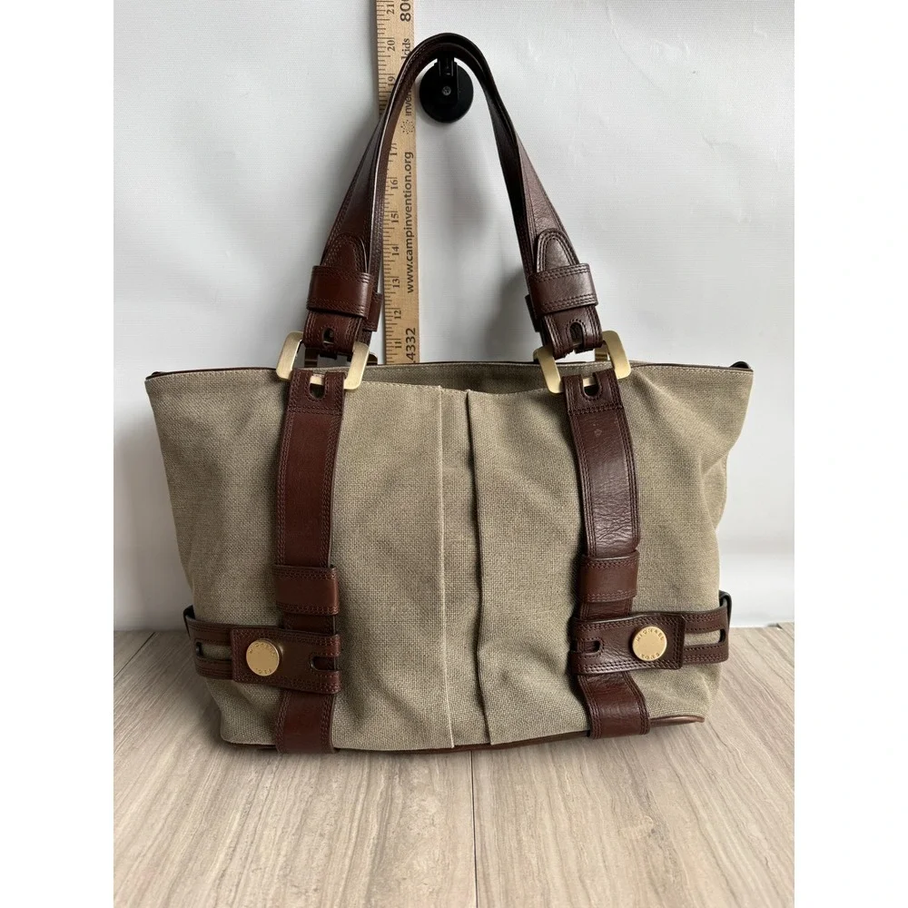 Vintage Michael Kors Canvas Leather Harness Tote Bag Beige Brown Boho Equestrian - Picture 2 of 12